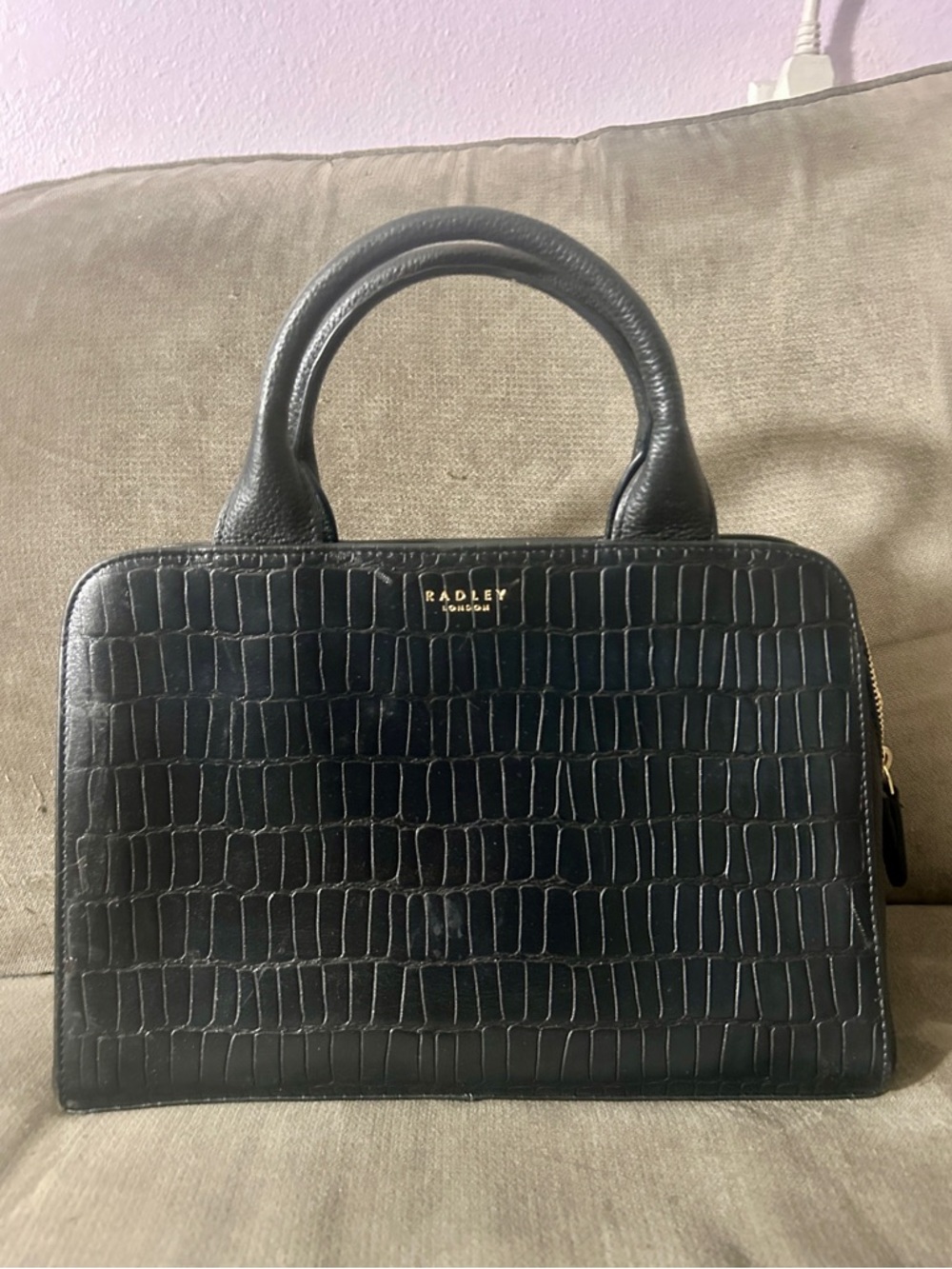 RADLEY LONDON Croc Embossed Top Handle Black Satchel Bag with Gold Chain